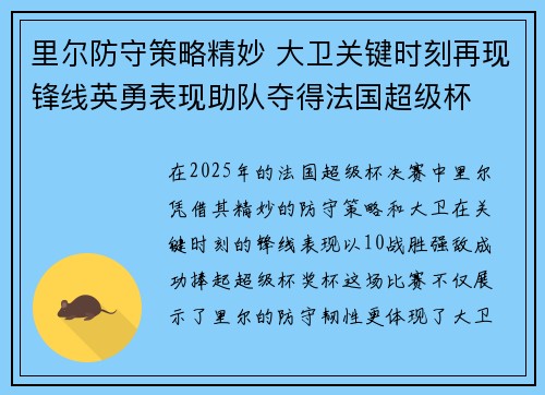 里尔防守策略精妙 大卫关键时刻再现锋线英勇表现助队夺得法国超级杯