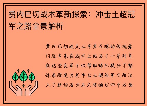 费内巴切战术革新探索：冲击土超冠军之路全景解析