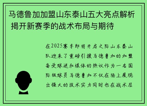 马德鲁加加盟山东泰山五大亮点解析 揭开新赛季的战术布局与期待