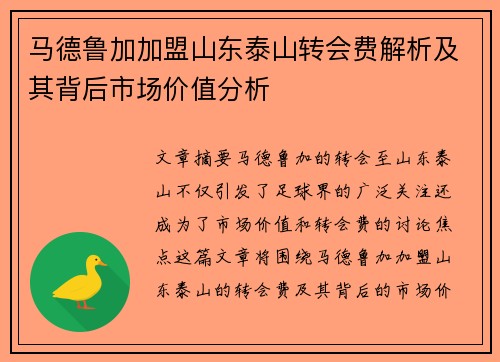 马德鲁加加盟山东泰山转会费解析及其背后市场价值分析